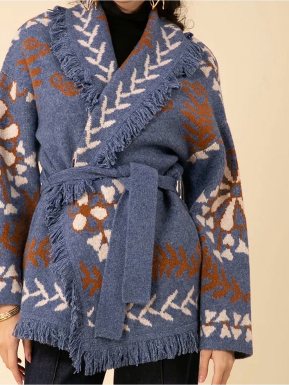 Hale Bob Blue Floral Fringed Belted Sweater Jacket